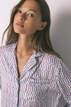 Women'secret Pijama camisero largo satén print geométrico burdeos Outlet