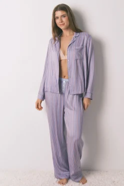 Women'secret Pijama camisero largo satén print rayas azul Best