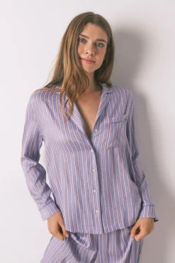 Women'secret Pijama camisero largo satén print rayas azul Best