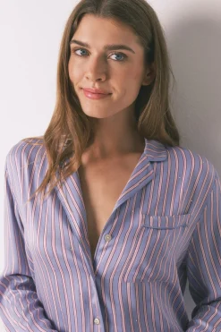 Women'secret Pijama camisero largo satén print rayas azul Best