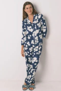 Women'secret Pijama camisero largo viscosa floral azul estampado New