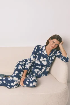 Women'secret Pijama camisero largo viscosa floral azul estampado New
