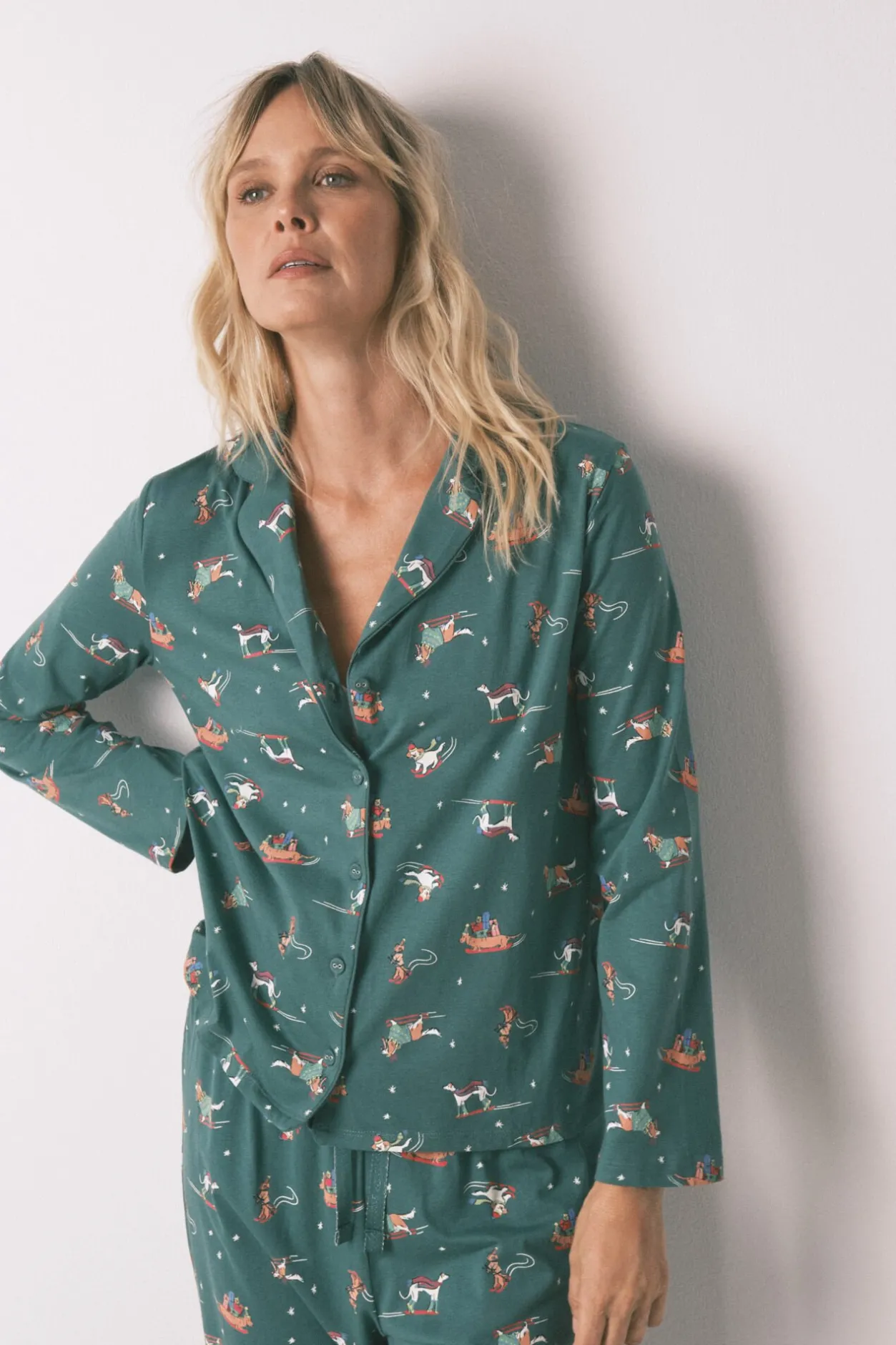 Women'secret Pijama camisero perritos 100% algodón verde