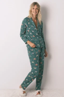 Women'secret Pijama camisero perritos 100% algodón verde