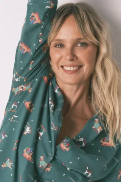 Women'secret Pijama camisero perritos 100% algodón verde