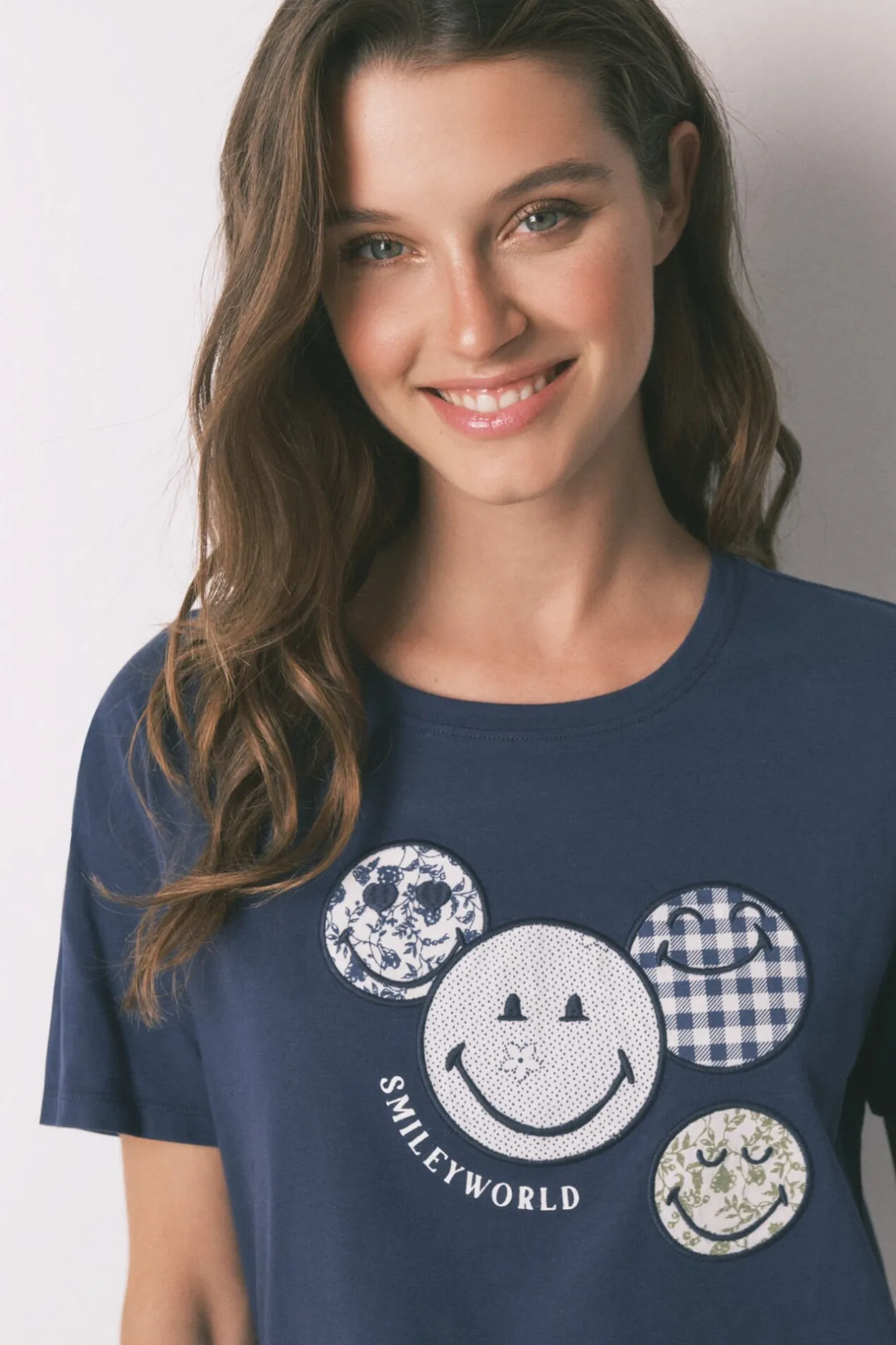 Women'secret Pijama Capri 100% algodón Smiley azul Best