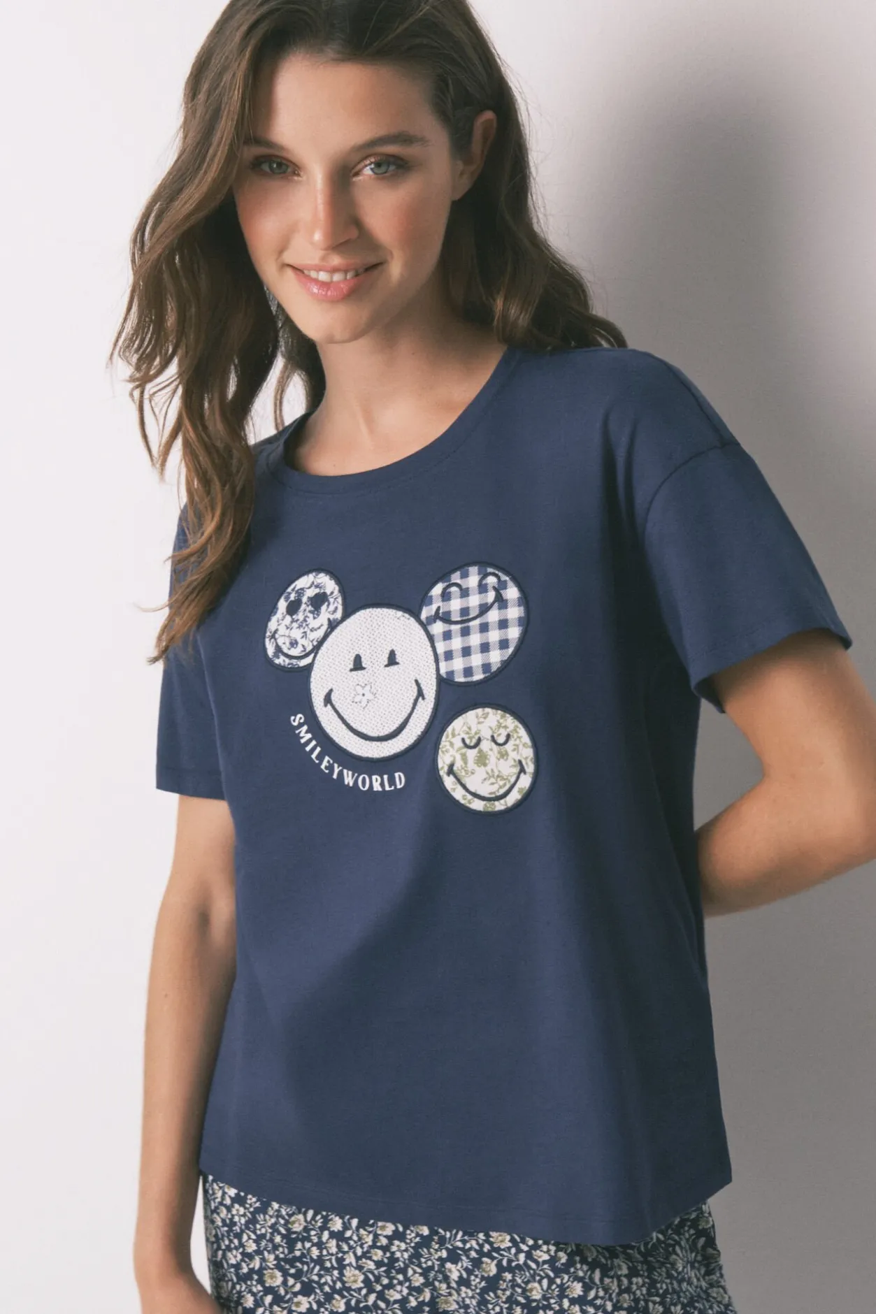 Women'secret Pijama Capri 100% algodón Smiley azul Best