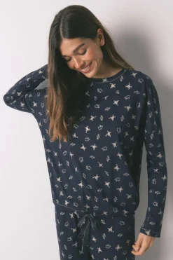 Women'secret Pijama largo 100% algodón estampado ranitas azul