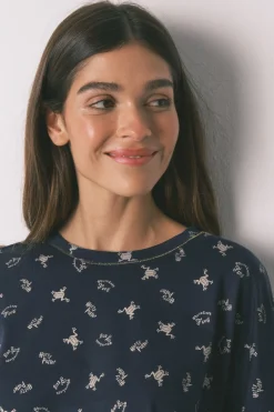 Women'secret Pijama largo 100% algodón estampado ranitas azul