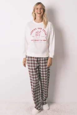 Women'secret Pijama largo 100% algodón cuadros marfil Sale