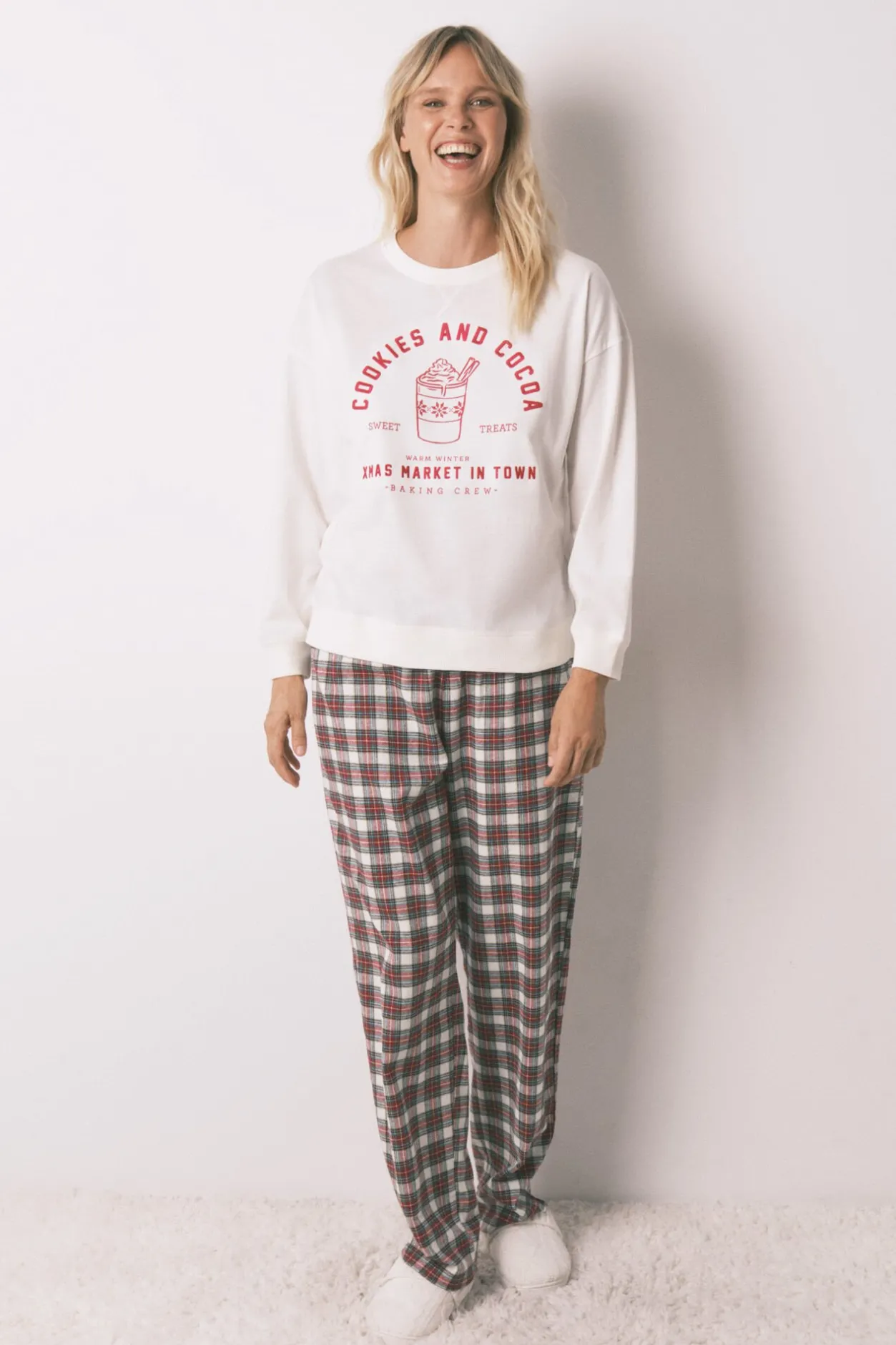 Women'secret Pijama largo 100% algodón cuadros marfil Sale