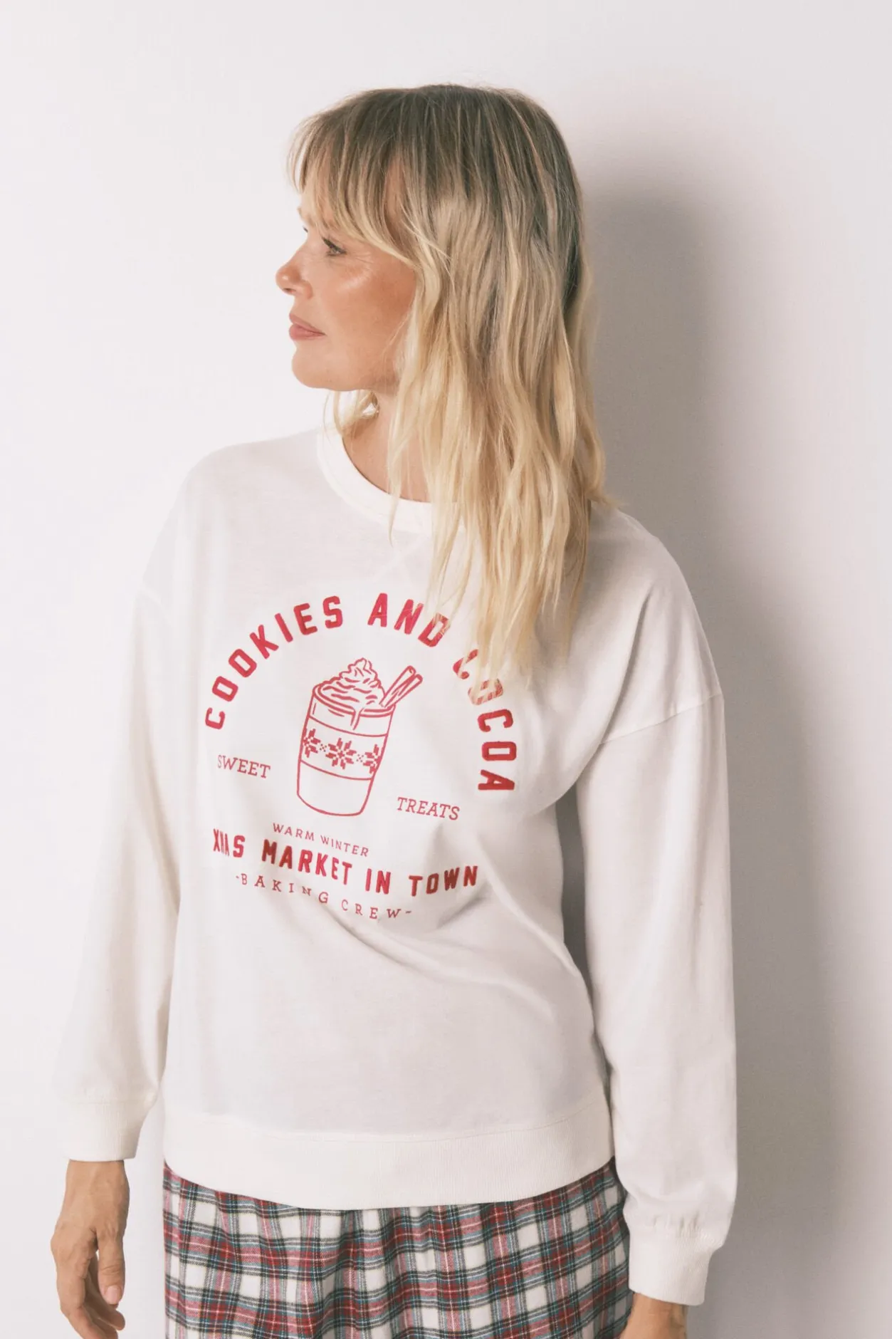 Women'secret Pijama largo 100% algodón cuadros marfil Sale