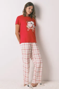 Women'secret Pijama largo 100% algodón cuadros Snoopy rojo