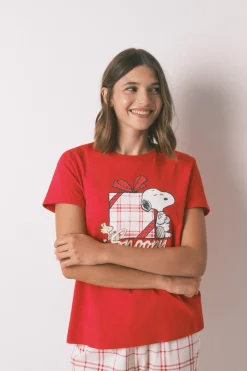Women'secret Pijama largo 100% algodón cuadros Snoopy rojo