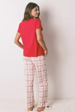 Women'secret Pijama largo 100% algodón cuadros Snoopy rojo
