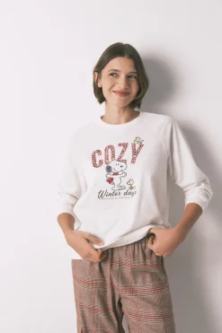 Women'secret Pijama largo 100% algodón estampado cuadros Snoopy marfil New