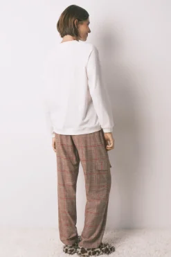 Women'secret Pijama largo 100% algodón estampado cuadros Snoopy marfil New