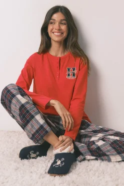 Women'secret Pijama largo 100% algodón estampado cuadros "Hogwarts" rojo Discount