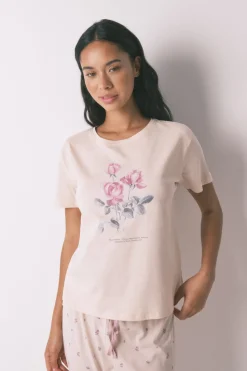 Women'secret Pijama largo 100% algodón flores rosa