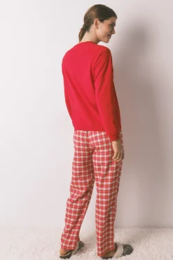 Women'secret Pijama largo 100% algodón cuadros Snoopy rojo Best
