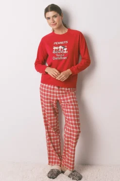 Women'secret Pijama largo 100% algodón cuadros Snoopy rojo Best