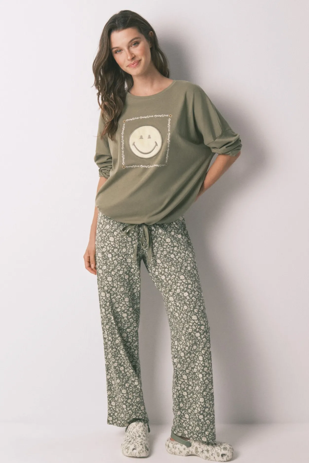 Women'secret Pijama largo 100% algodón Smiley kaki Outlet