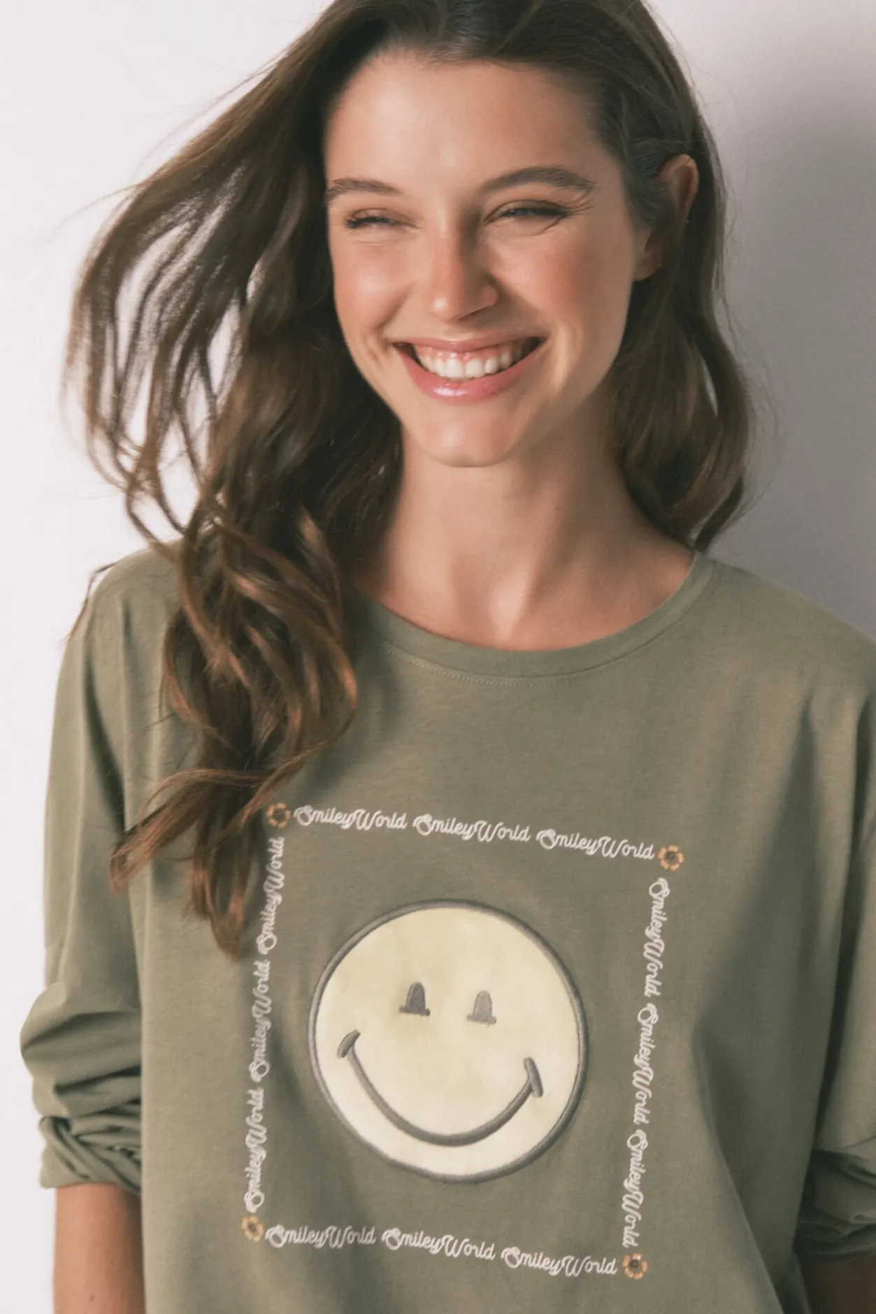 Women'secret Pijama largo 100% algodón Smiley kaki Outlet