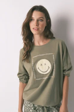 Women'secret Pijama largo 100% algodón Smiley kaki Outlet