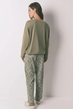 Women'secret Pijama largo 100% algodón Smiley kaki Outlet
