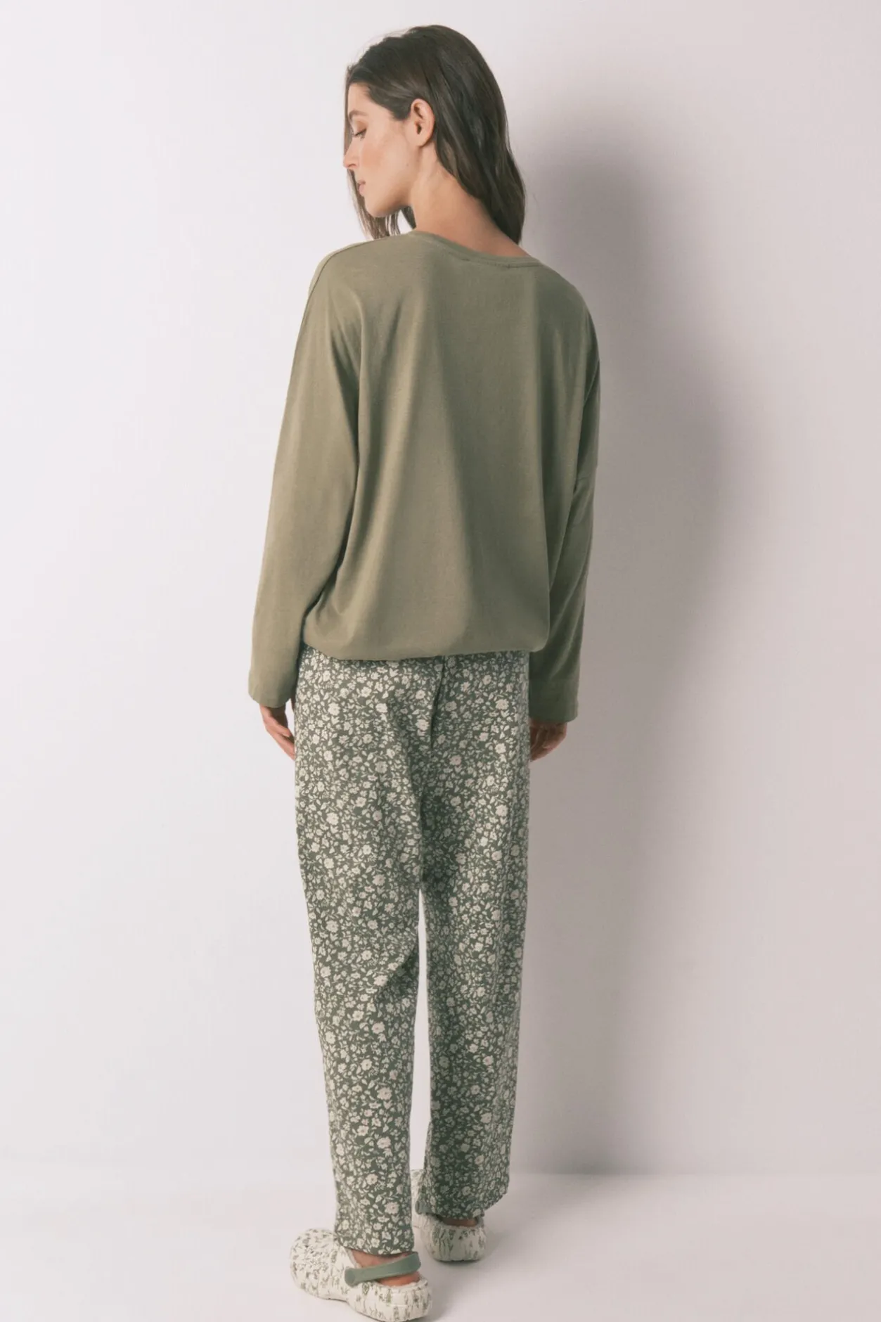 Women'secret Pijama largo 100% algodón Smiley kaki Outlet