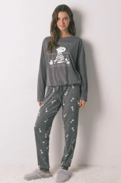 Women'secret Pijama largo 100% algodón Snoopy gris Discount