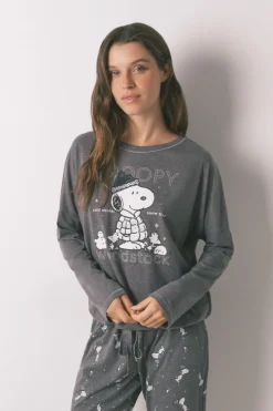 Women'secret Pijama largo 100% algodón Snoopy gris Discount