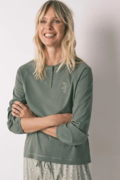 Women'secret Pijama largo algodón pantalón flores kaki Outlet