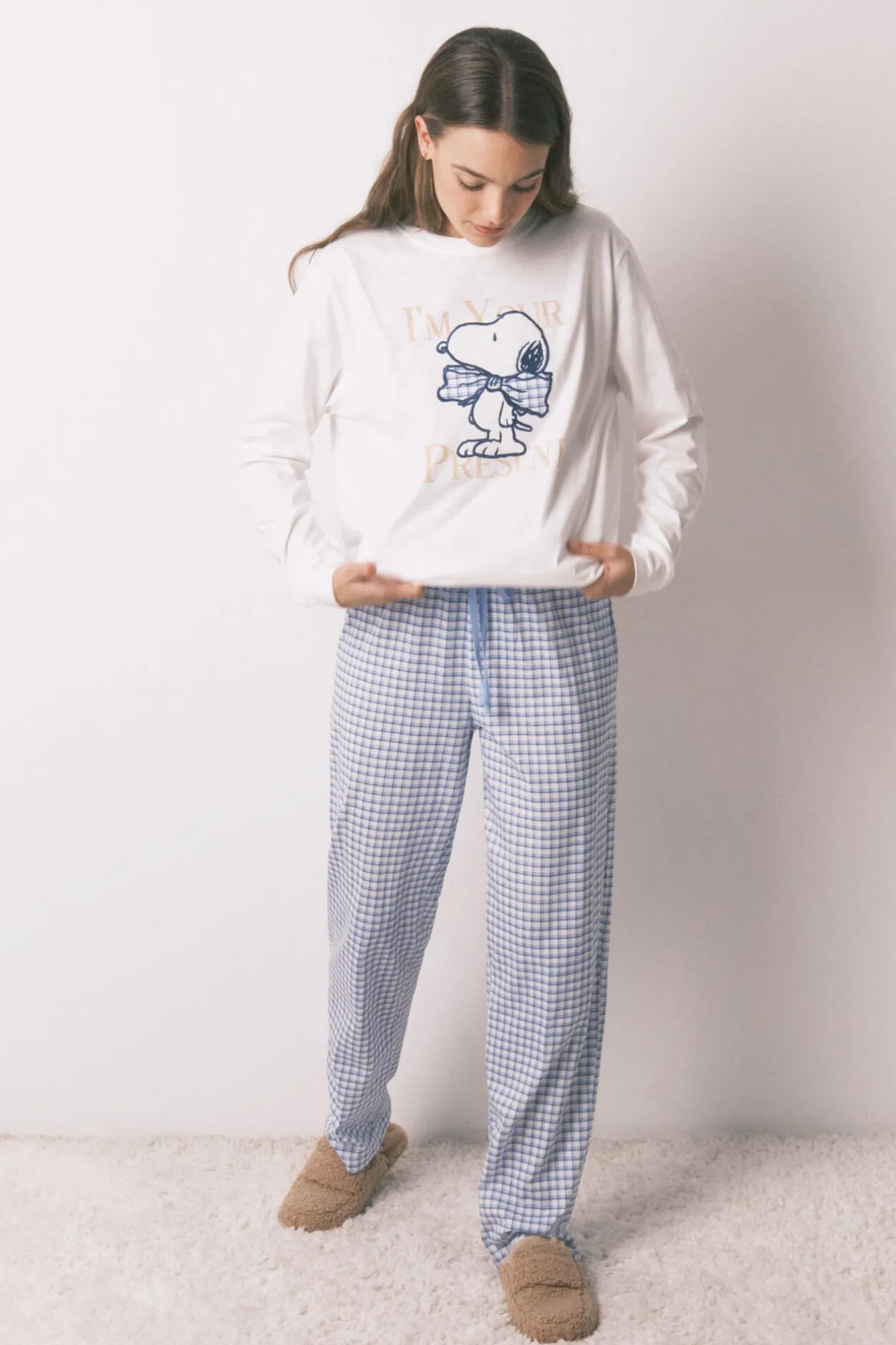 Women'secret Pijama largo algodón Snoopy Vichy marfil Sale