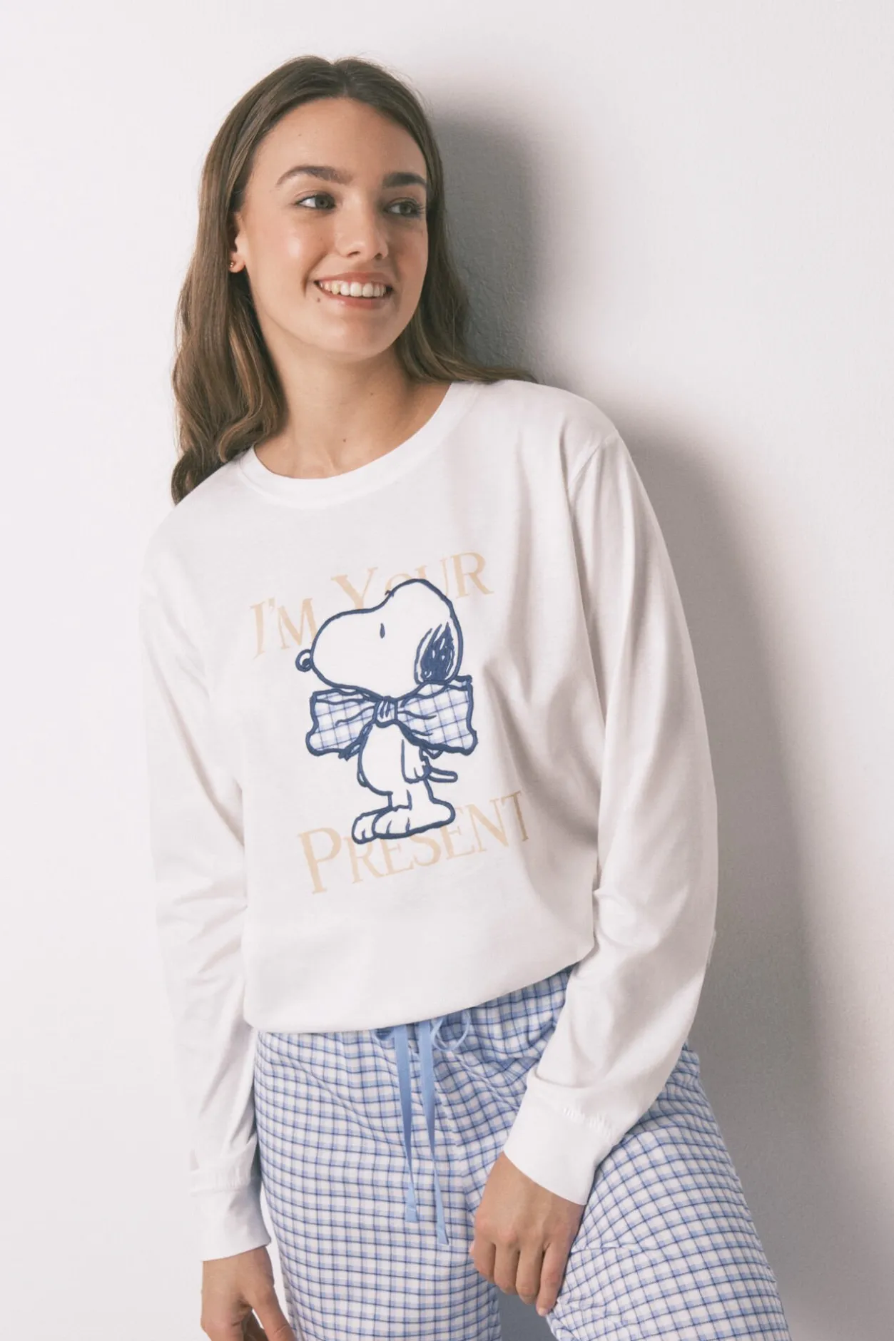 Women'secret Pijama largo algodón Snoopy Vichy marfil Sale