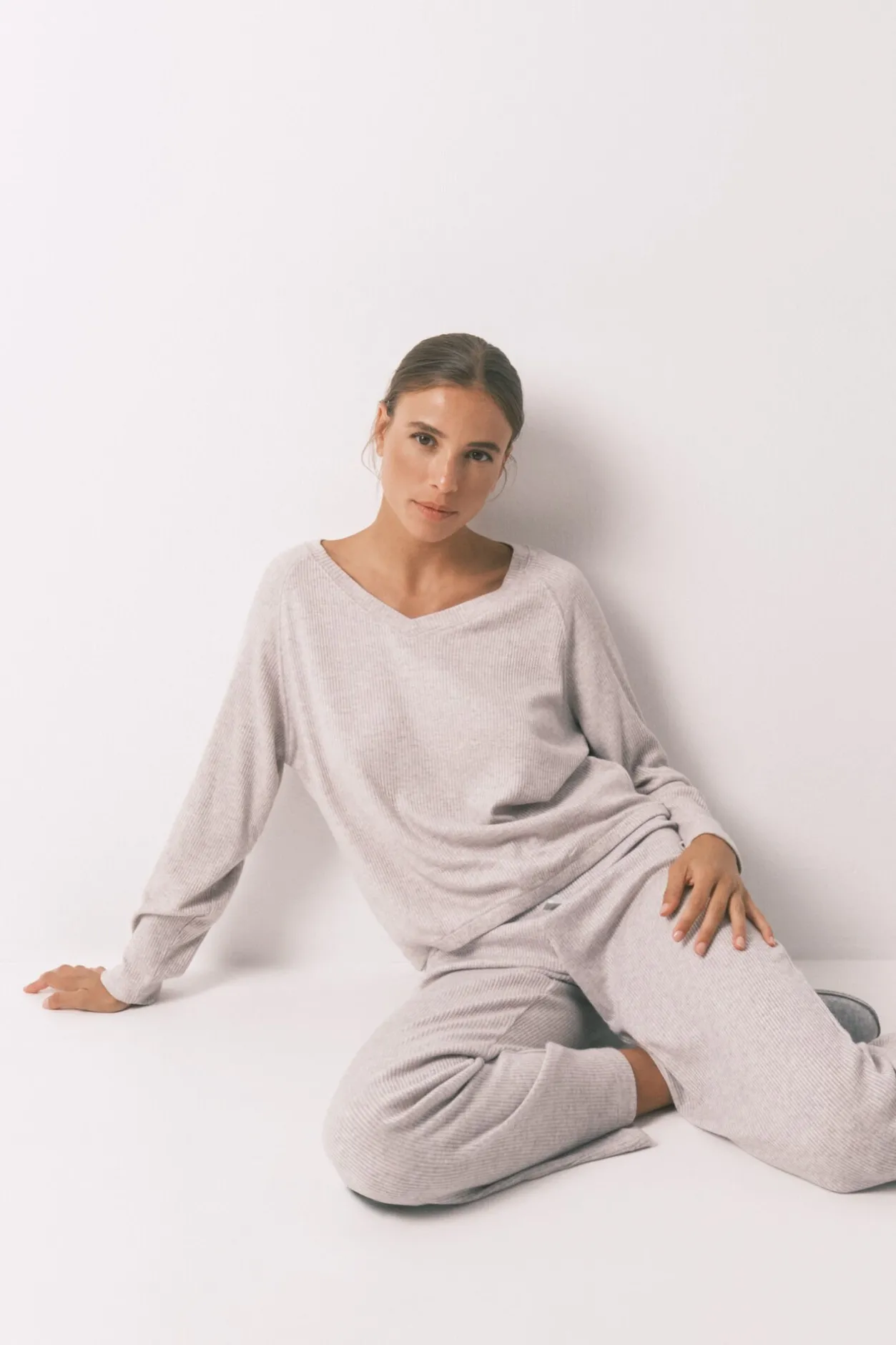 Women'secret Pijama largo canalé perchado gris Clearance