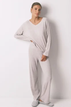 Women'secret Pijama largo canalé perchado gris Clearance