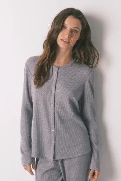 Women'secret Pijama largo canalé suave brillo gris Clearance