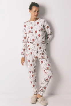 Women'secret Pijama largo canalé suave blanco Snoopy marfil Hot