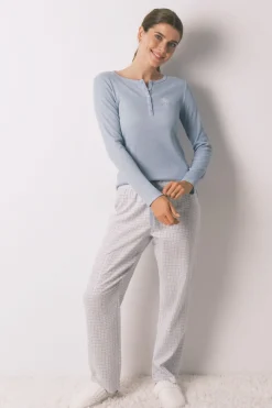 Women'secret Pijama largo cuadros efecto brillo azul Outlet