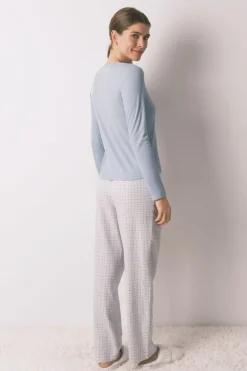 Women'secret Pijama largo cuadros efecto brillo azul Outlet