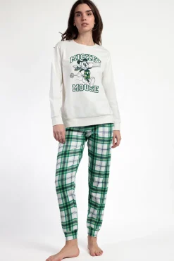 Admas Pijama largo felpa cuadros 100% algodón Ski Mickey beige