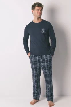 Women'secret Pijama largo hombre 100% algodón cuadros gris Online