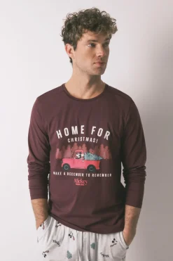 Women'secret Pijama largo hombre 100% algodón Mickey Mouse burdeos Outlet