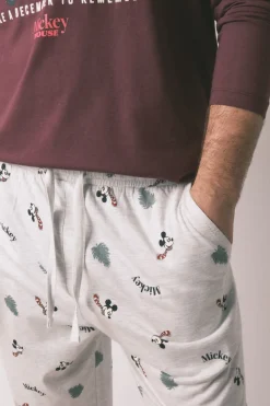 Women'secret Pijama largo hombre 100% algodón Mickey Mouse burdeos Outlet