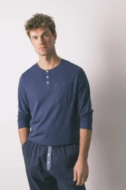 Women'secret Pijama largo hombre 100% algodón cuadros azul