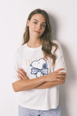 Women'secret Pijama largo manga corta algodón Snoopy Vichy marfil Hot