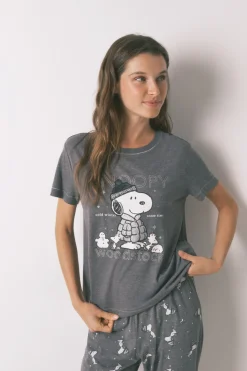 Women'secret Pijama largo manga corta 100% algodón Snoopy gris Clearance