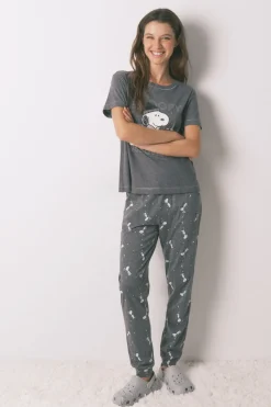 Women'secret Pijama largo manga corta 100% algodón Snoopy gris Clearance