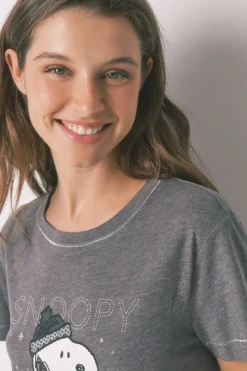 Women'secret Pijama largo manga corta 100% algodón Snoopy gris Clearance